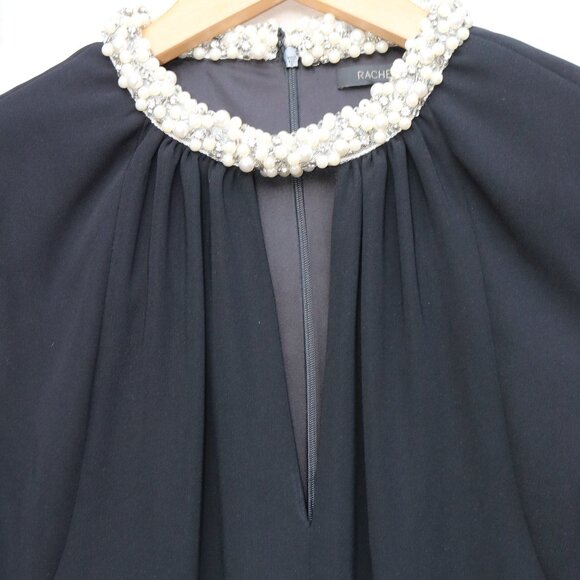 Rachel Zoe Black Pearl Trim Pleated Keyhole Neck Cap Sleeve Sheath  Dress Sz 6 - Picture 3 of 7